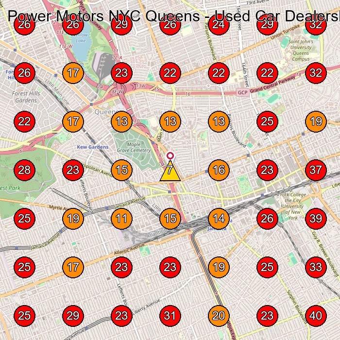 Power Motors NYC Queens - Used Car Dealership GeoGrid visibility map for Used Car Dealer in Kew Gardens